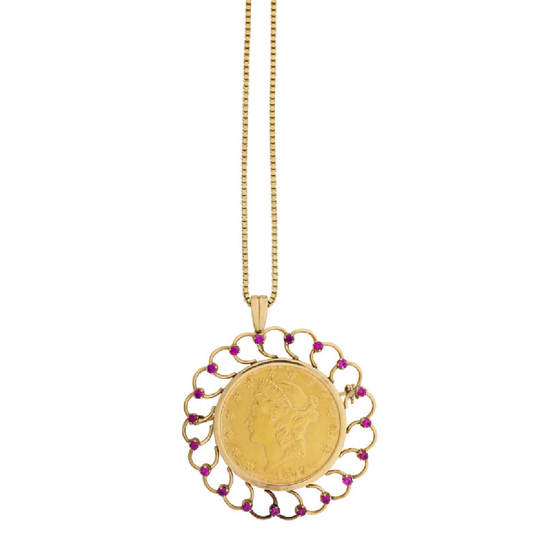 GOLD COIN PENDANT BROOCH ON CHAIN (1 of 2)