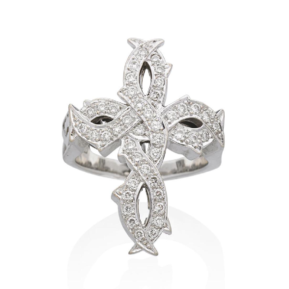 STEPHEN WEBSTER DIAMOND & WHITE GOLD 'TATTOO' RING: Designed as a cross of intertwining thorny vines, pave set with RBC diamonds, approx. .60 ct. TW. Stamped with artist's cypher. Size 7. 10.1 dwt.