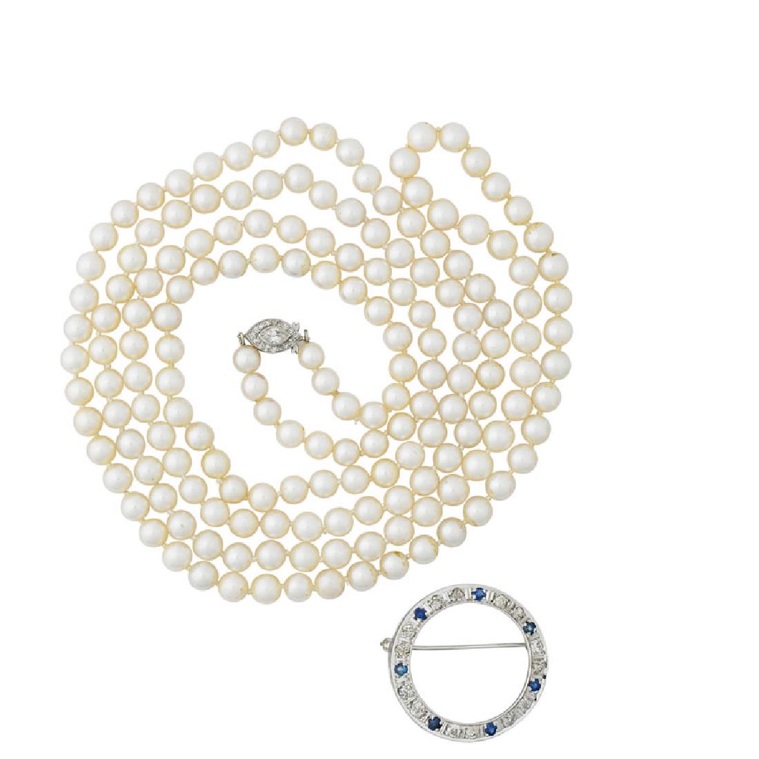AKOYA PEARL NECKLACE, DIAMOND & SAPPHIRE CIRCLE BROOCH (1 of 9)