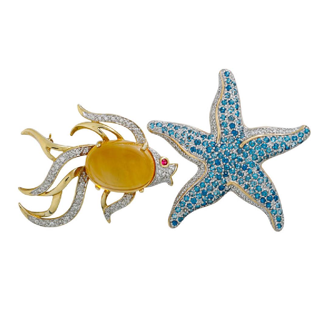TWO GEM & DIAMOND SET GOLD SEA CREATURE BROOCHES (1 of 3)