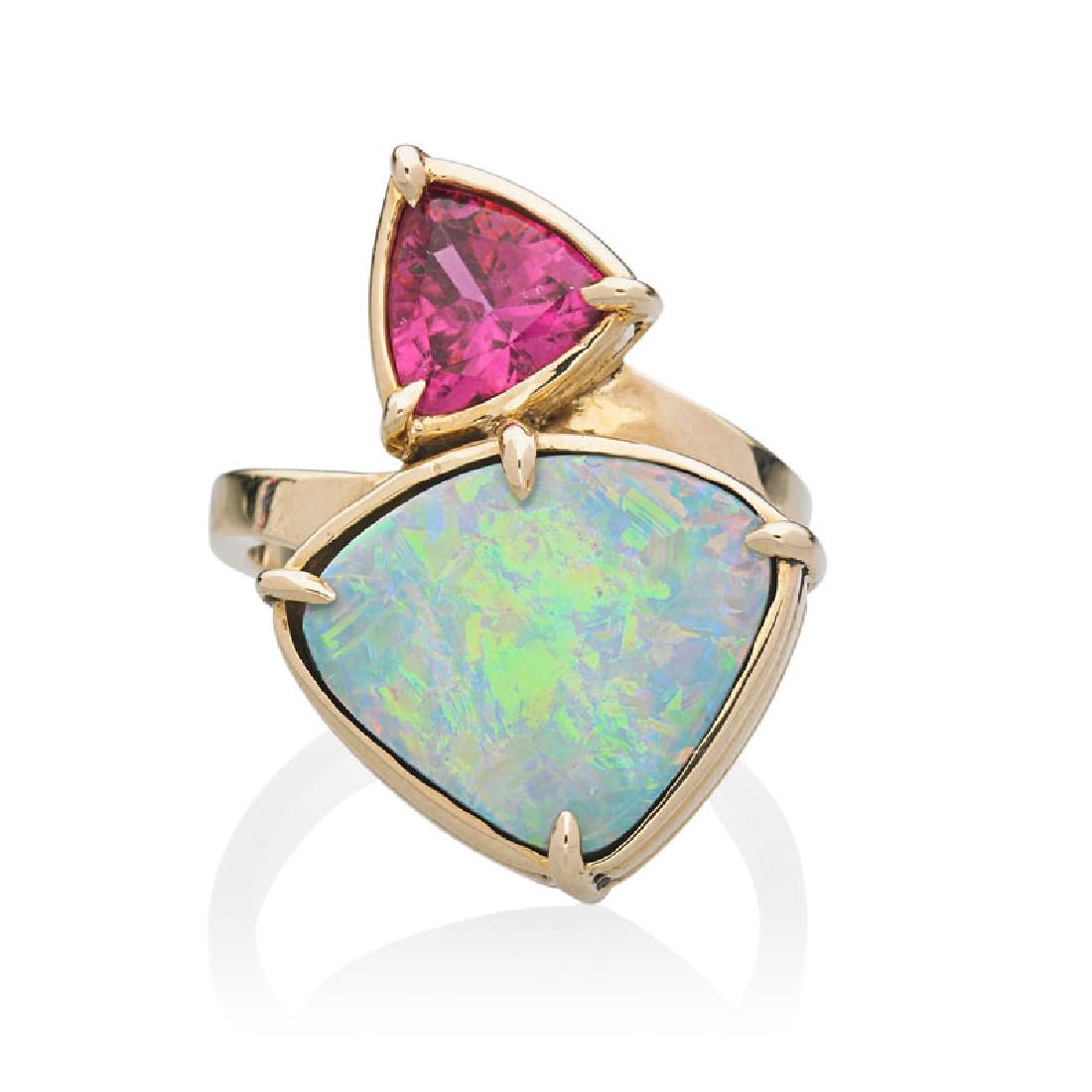 ARTISANAL PINK TOURMALINE, OPAL & YELLOW GOLD RING (1 of 2)