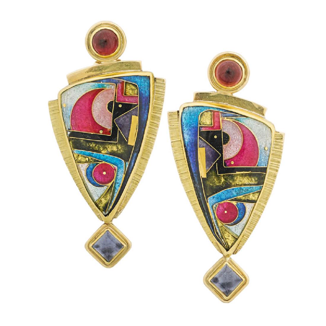 MAGICK FUSAGER GEM SET ENAMELED GOLD & SILVER EARRINGS (1 of 1)