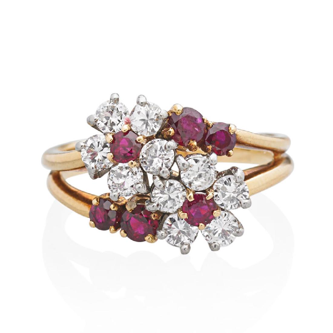 CARTIER DIAMOND, RUBY & YELLOW GOLD FLOWER RING (1 of 1)