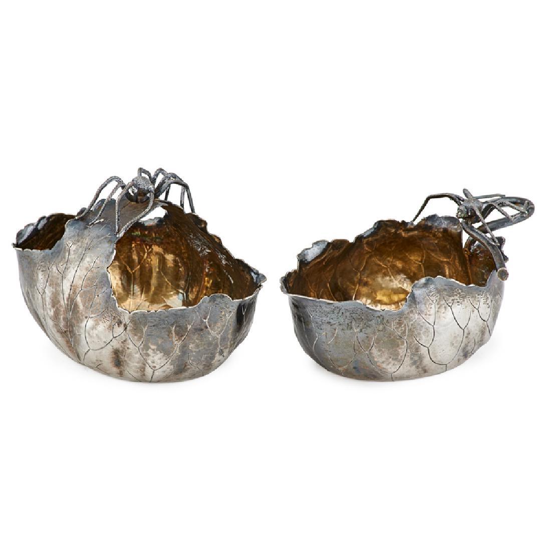 SHIEBLER JAPONESQUE STERLING SILVER: Two: Modeled as realistic leaves, parcel gilt interiors and applied spider ornamentation, retailed by Wm. Wilson and Son, USA, ca. 1880; Both marked for Shiebler #360; Basket: 3" x 4 1/4" x 3"; 6.3 OT
