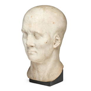 HEAD OF A ROMAN NOBLEMAN: Carved marble on attached base; 16" x 8" x 10 1/2"