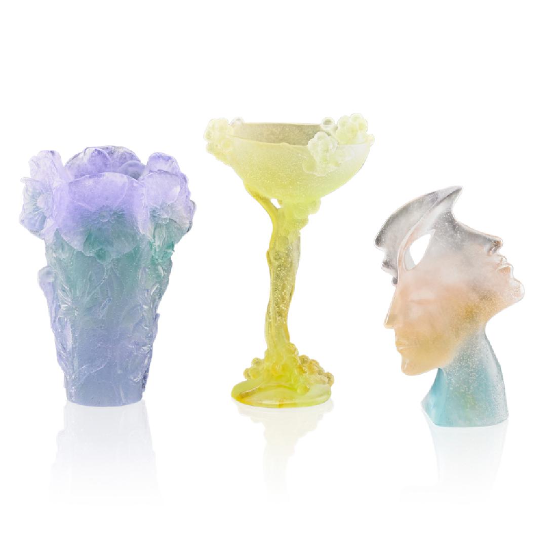 GROUP OF DAUM PATE DE VERRE GLASS: Poppy vase, berry chalice, and "Tamara" sculpture (385/500), France, late 20th c.; All signed; Tallest: 8" x 5"; Provenance: The Adriana Williams Collection