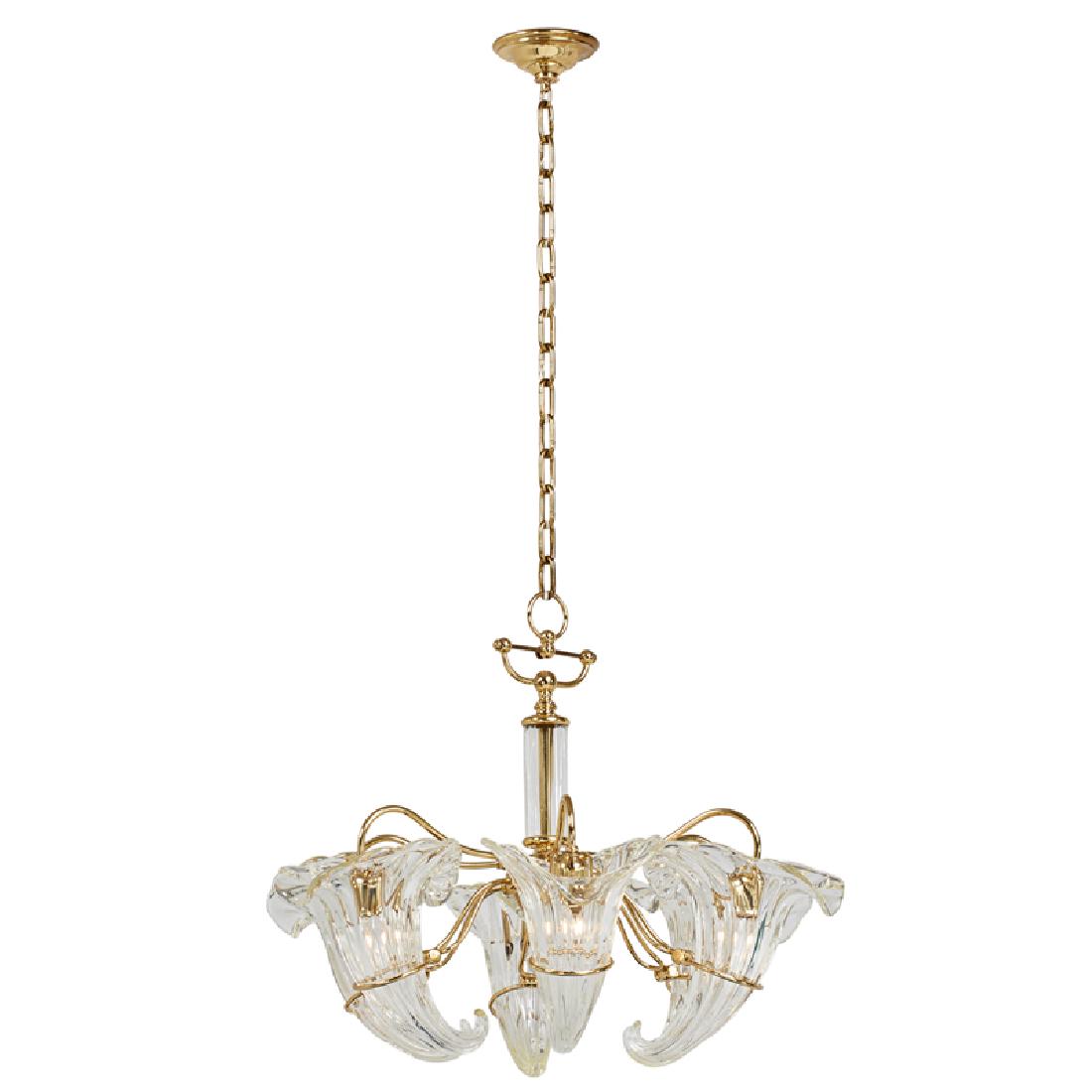FRANCO LUCE VINTAGE CORNUCOPIA CHANDELIER: Six light chandelier in polished brass with crystal ball finial and clear Murano glass cornucopia shades, Italy, 1970s; 48" x 30"
