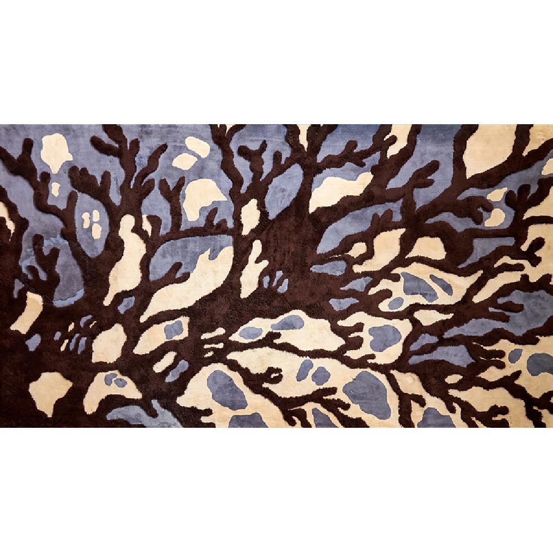 EDWARD FIELDS ABSTRACT CARPET: Sculpted wool carpet featuring brown branches on a blue and cream field, USA, mid to late 20th c.; Marked; 217" x 120 1/2"
