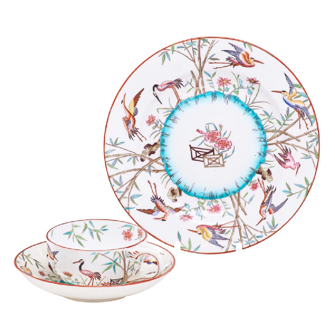 MINTON: Twelve piece Aesthetic movement service for four, decorated with cranes and bamboo: salad plates (7 3/4"), teacups (3 1/2") and saucers (5 3/4"), England, 1872-1875 Porcelain All marked