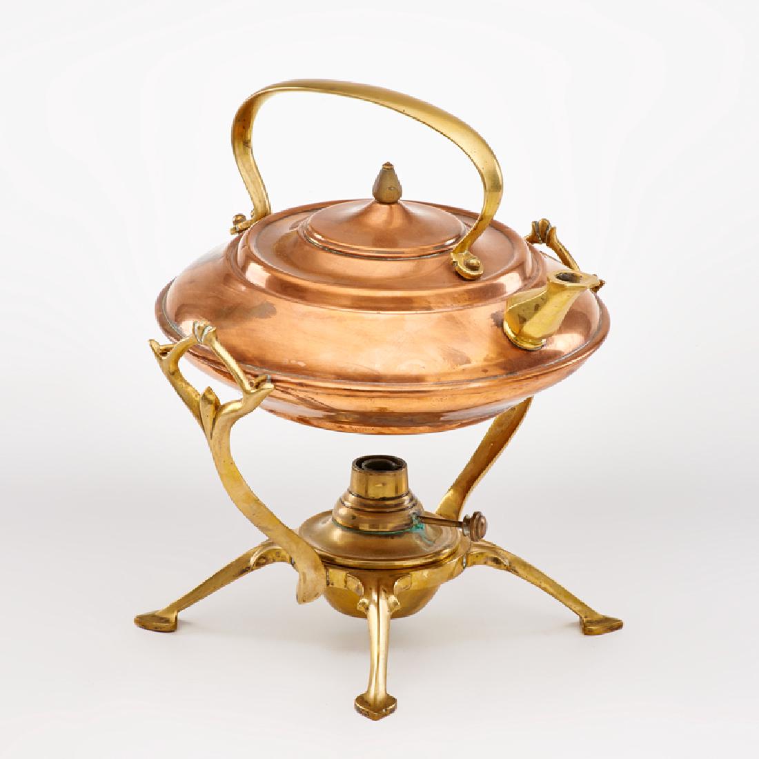 W. A. S. BENSON, (1854-1924): Art Nouveau copper spirit kettle with brass fittings and stand with burner, Hammersmith, London, ca. 1880-1920 Stamped BENSON 10 1/4" x 9" dia.