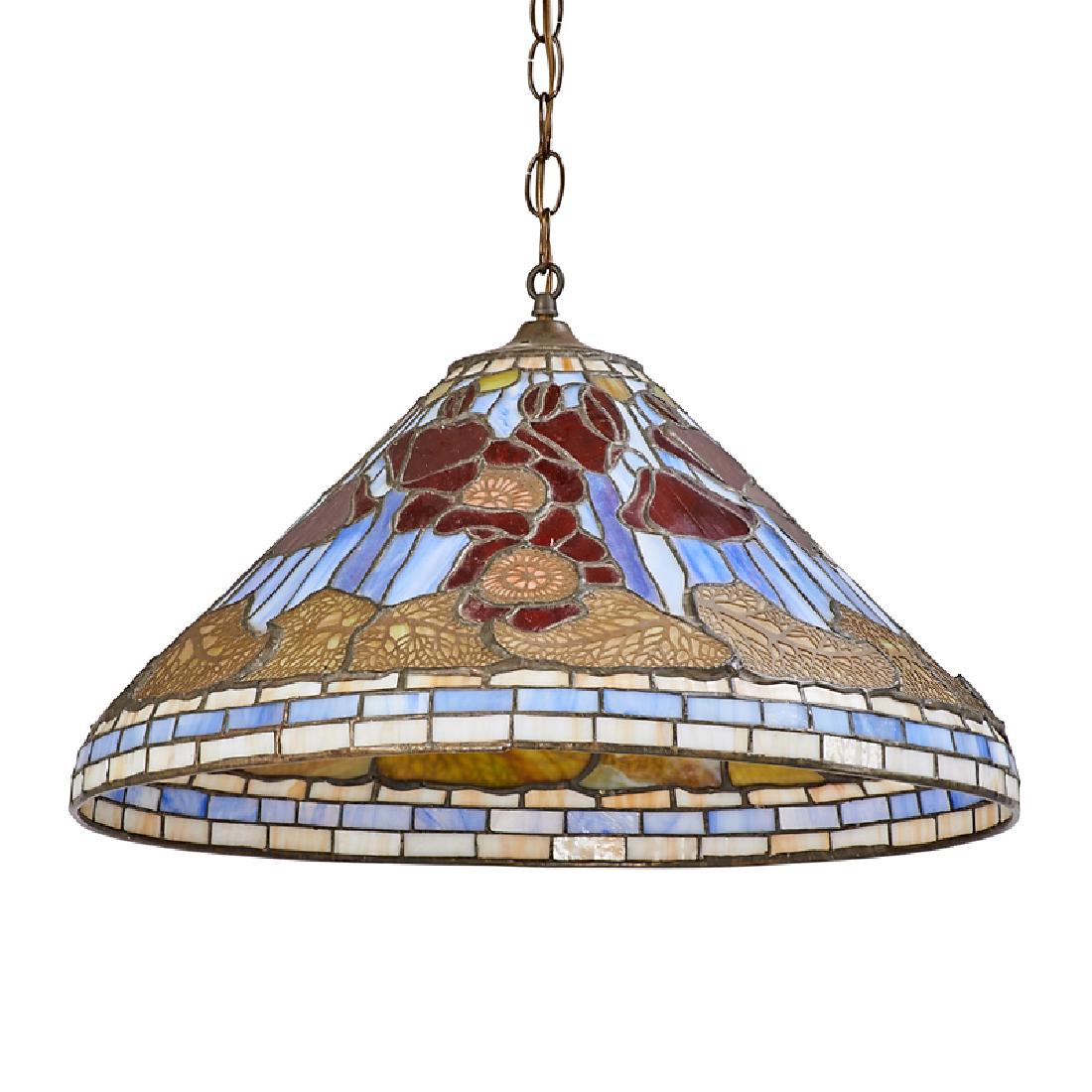STYLE OF TIFFANY: Conical chandelier with poppies and brass overlay to leaves and pods, USA, 20th c. Leaded slag glass Unmarked Shade: 13 1/2" x 20 1/2" dia., hang chain: approx. 13'