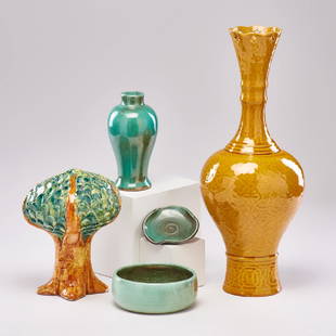 T.J. WHEATLEY; SHEARWATER: Five pieces: Arabesque urn with embossed and cut-out decoration, stylized tree table top sculpture, ring-tray possibly thrown by Peter Anderson, low bowl, and bottle-shaped vase, Cincinnati, OH/Ocean