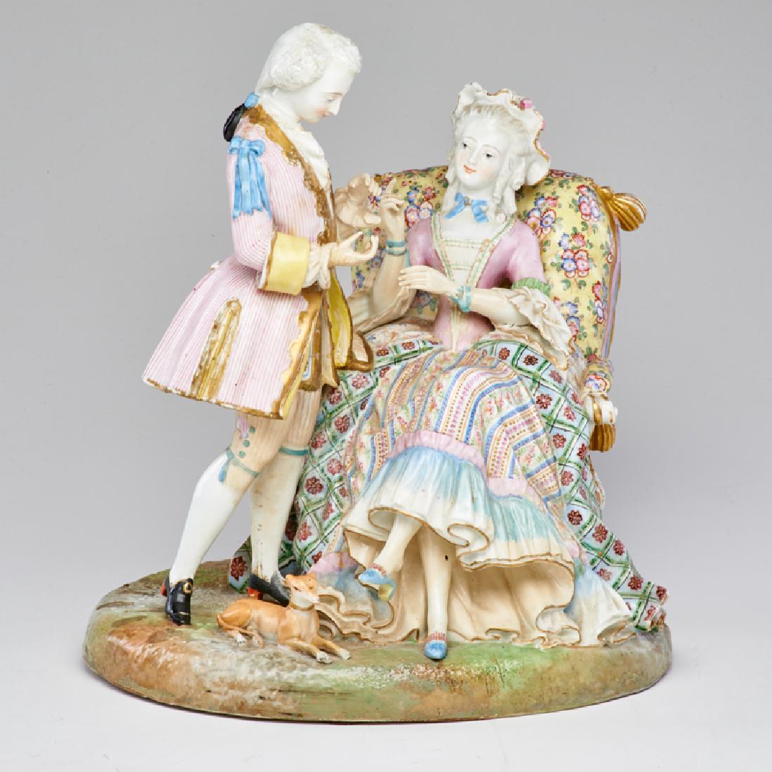 MEISSEN STYLE PORCELAIN GROUP: Reclining woman, man, and dog, Germany, late 19th c Spurious Meissen mark 13" x 11" x 8"