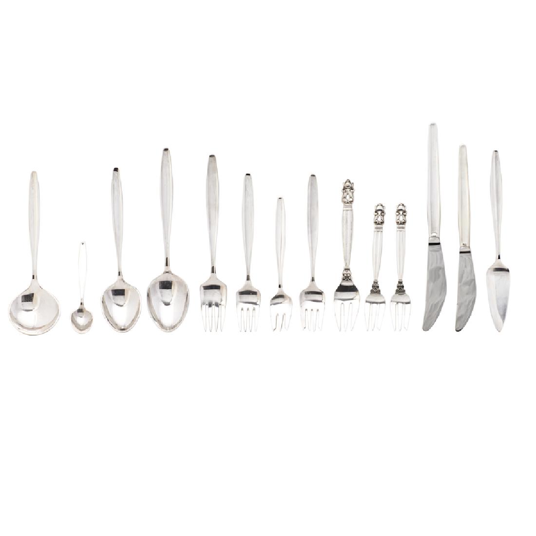 TIAS ECKHOFF (b. 1926); JOHAN ROHDE (1856-1935); G: Ten new/old salesman stock in the Cypress #99 pattern: dinner fork (7 1/2"), luncheon fork (6 5/8"), pastry fork (5 3/4"), youth fork (6 5/8"), soup spoon (7"), dessert spoon (7"), mocha spoon (4 1/4"