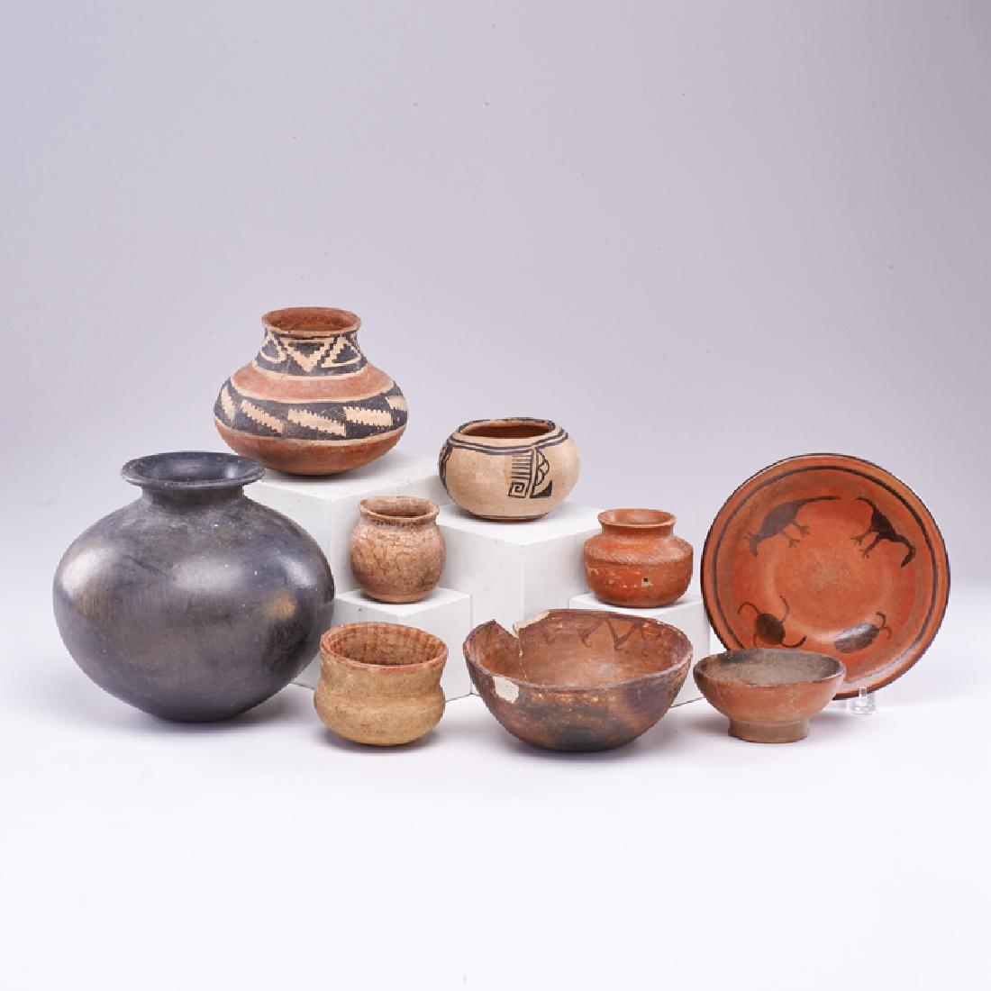 SOUTHWEST POTTERY: Nine early style vessels One marked J.E. Fries Phoenix AZ, others unmarked Tallest: 7 1/2" x 8 1/2" dia.