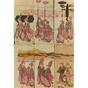 UTAGAWA TOYOHIRO (Japanese, 1773-1828): Six woodblocks in colors "Procession of Women Past Mt. Fuji" (unframed) One signed "Toyohiro ga" 6 1/2" x 3" (each)