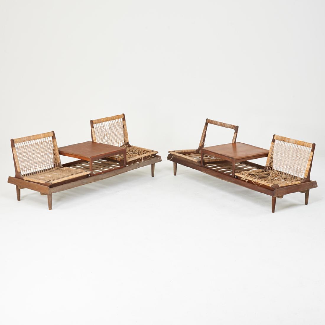 HANS OLSEN (Attr.); BRAHMIN: Pair of two-seat settees with removable seats and tables, 1960s Teak, cane Unmarked 27 1/2" x 76 1/2" x 27"
