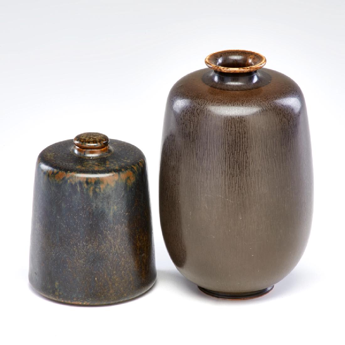 BERNDT FRIBERG (1899-1981)/GUSTAVSBERG; SAXBO: Two glazed stoneware pieces: vase in hare's fur glaze and stoppered vessel in mottled glaze, Sweden/Denmark, ca. 1950s Both marked Taller: 6 1/2" x 4" dia.
