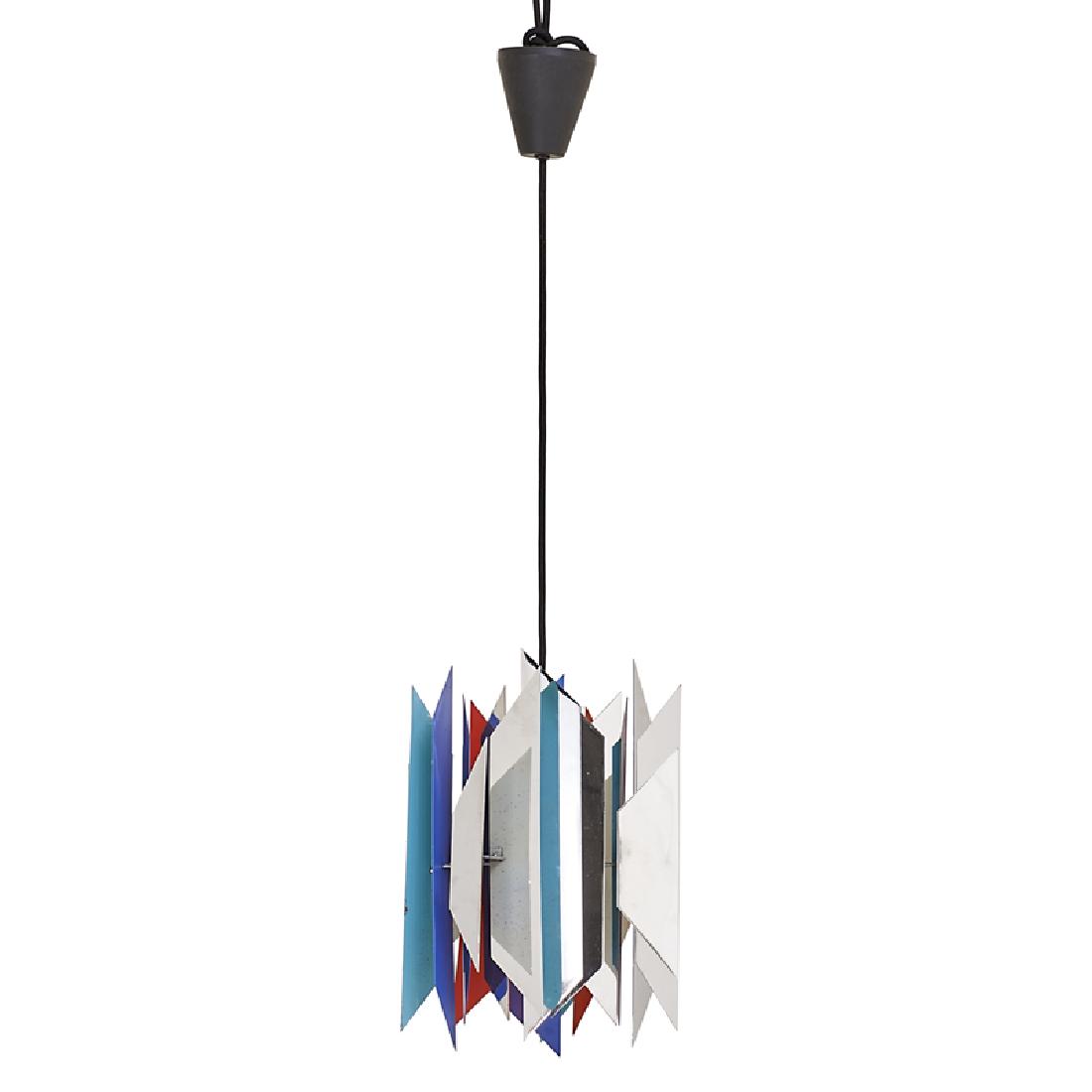 SIMON HENNINGSEN; LYFA: "Tivoli" or "Divan 2" multi-faceted pendant lamp, Denmark, 1960s Chromed metal, polychrome enamel interior Impressed Made in Denmark Fixture: 12" x 9" dia.