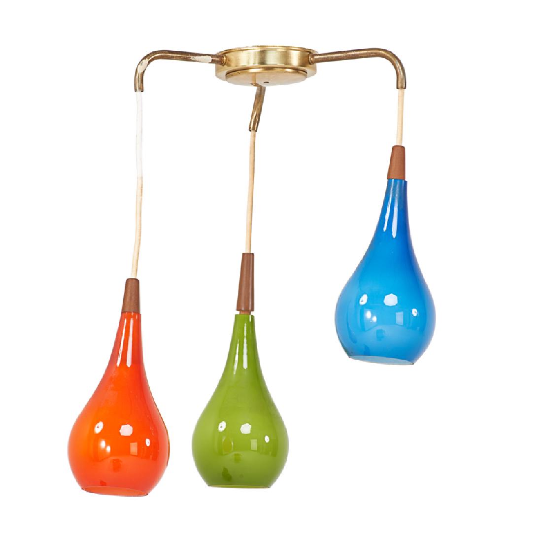 SCANDINAVIAN: Three-shade teardrop pendant lamp Cased glass, brass, teak Remnants of label Overall: 24" x 20"