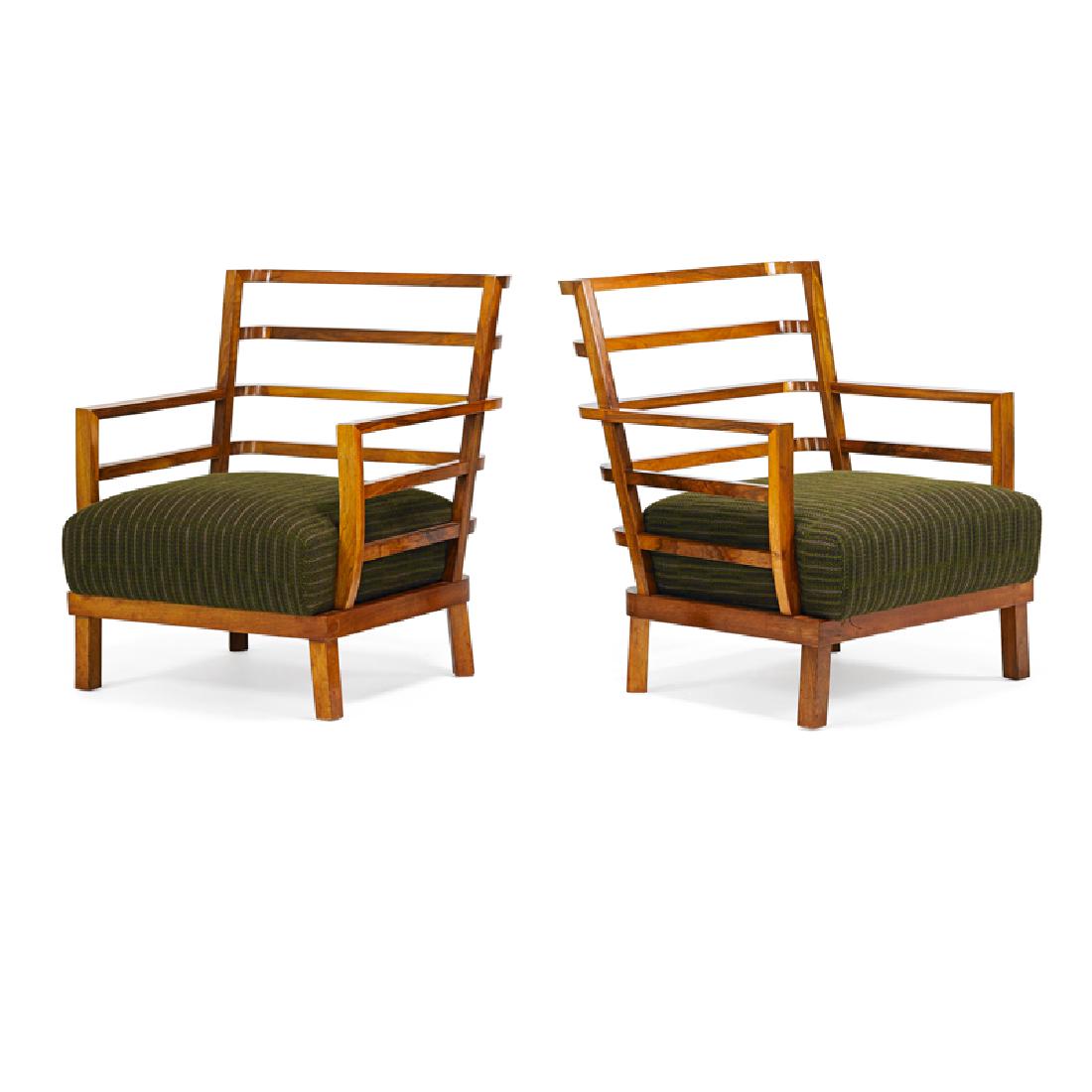 LAJOS KOZMA: Pair of lounge chairs, Budapest, 1920s Lacquered figured walnut, upholstery Unmarked 37" x 32" x 34" ea.