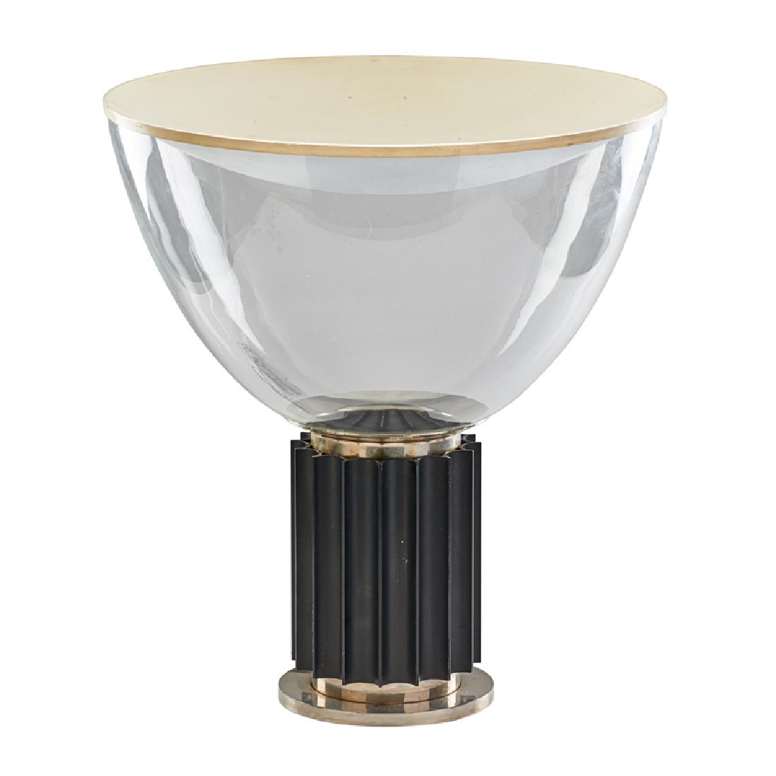 ACHILLE AND PIER GIACOMO CASTIGLIONI; FLOS: Taccia" adjustable lamp, Italy, 1960s Chrome-plated steel, enameled aluminum, glass Unmarked 21" x 19