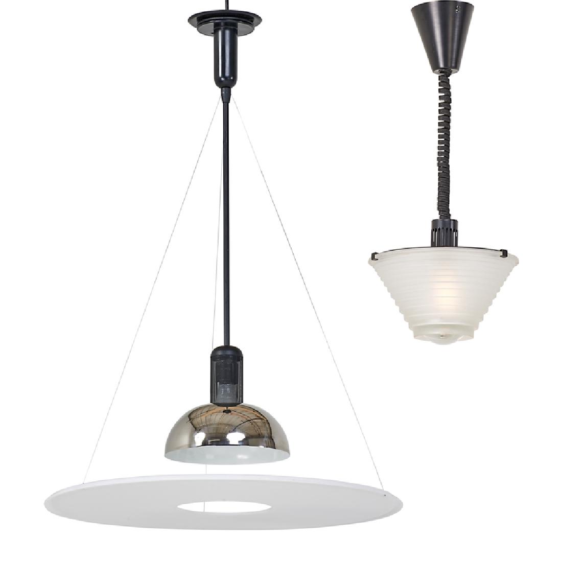 ACHILLE CASTIGLIONE/FLOS; ANGELO MANGIAROTTI/ARTEM: Two: Frisbi pendant lamp (Castiglione) and ceiling fixture with cascading rings of frosted glass, Italy, 1970s Chromed and enameled steel, acrylic, mesh wire, glass Flos paper label Artemide: 28" x 16
