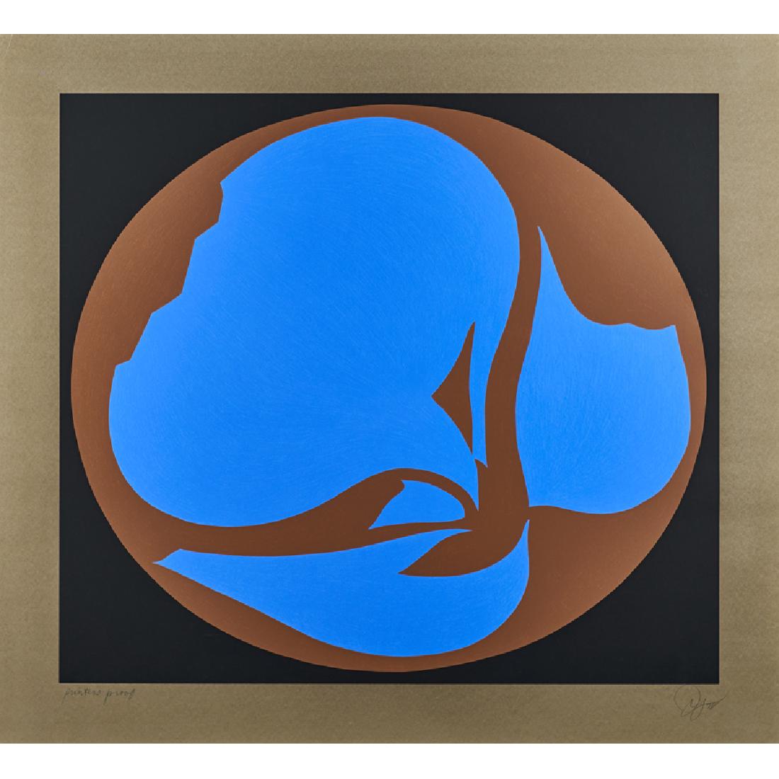 JACK YOUNGERMAN (American, b. 1926): Screenprint in colors Untitled (brown and blue abstract on black background), 1978 (unframed) Signed, dated and noted Printer's Proof 46" x 50 1/2"