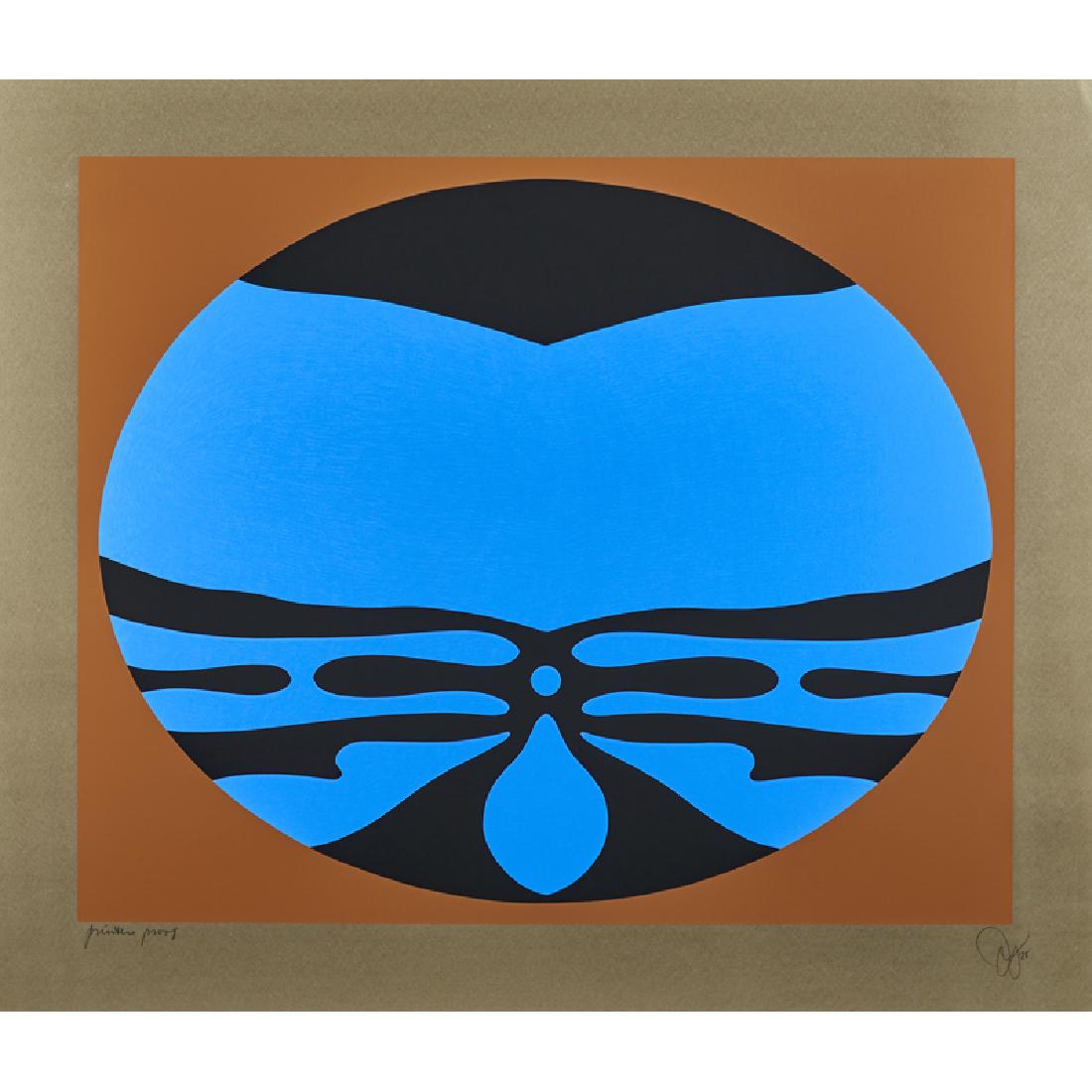 JACK YOUNGERMAN (American, b. 1926): Screenprint in colors Untitled (blue and black abstract on brown background), 1978 (unframed) Signed, dated and noted Printer's Proof 46 1/4" x 54"