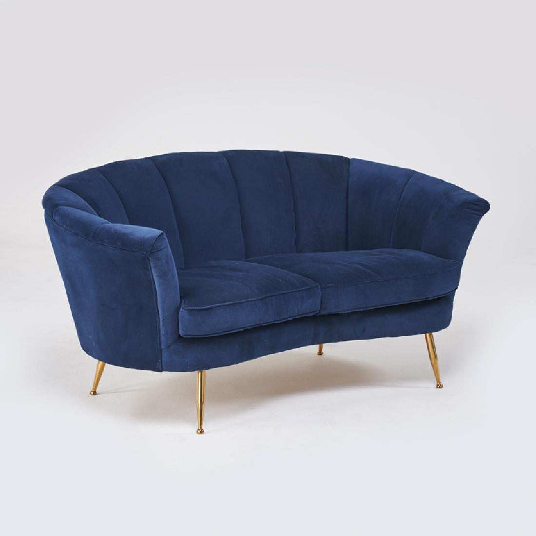 ITALIAN STYLE: Loveseat with channeled back, 2000s Brass legs, upholstery 30" x 66" x 33"