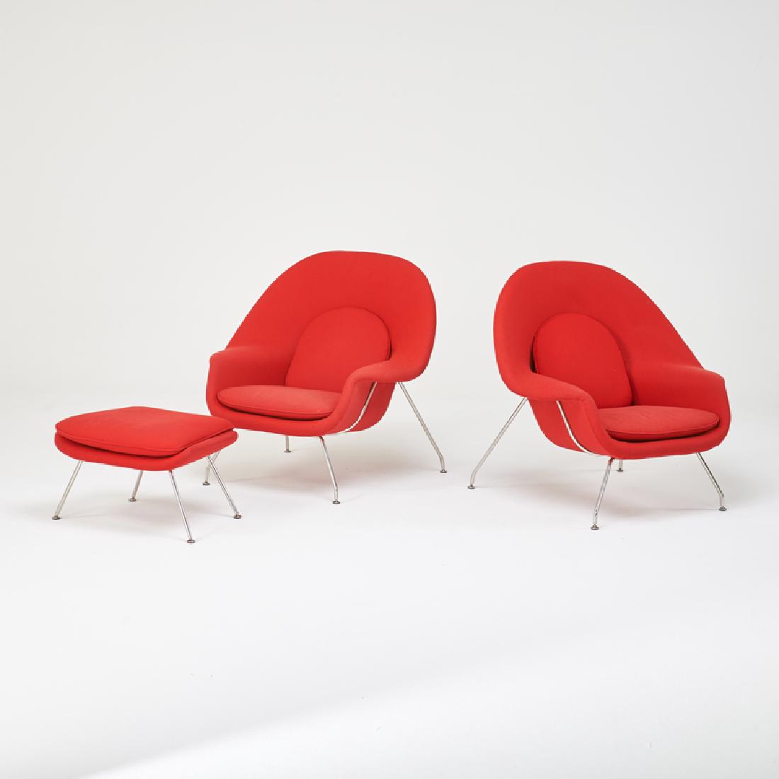 STYLE OF EERO SAARINEN: Pair of Womb-style lounge chairs and ottoman Chromed steel, upholstery Unmarked 38" x 39" x 20", ottoman: 13" x 18" x 18"