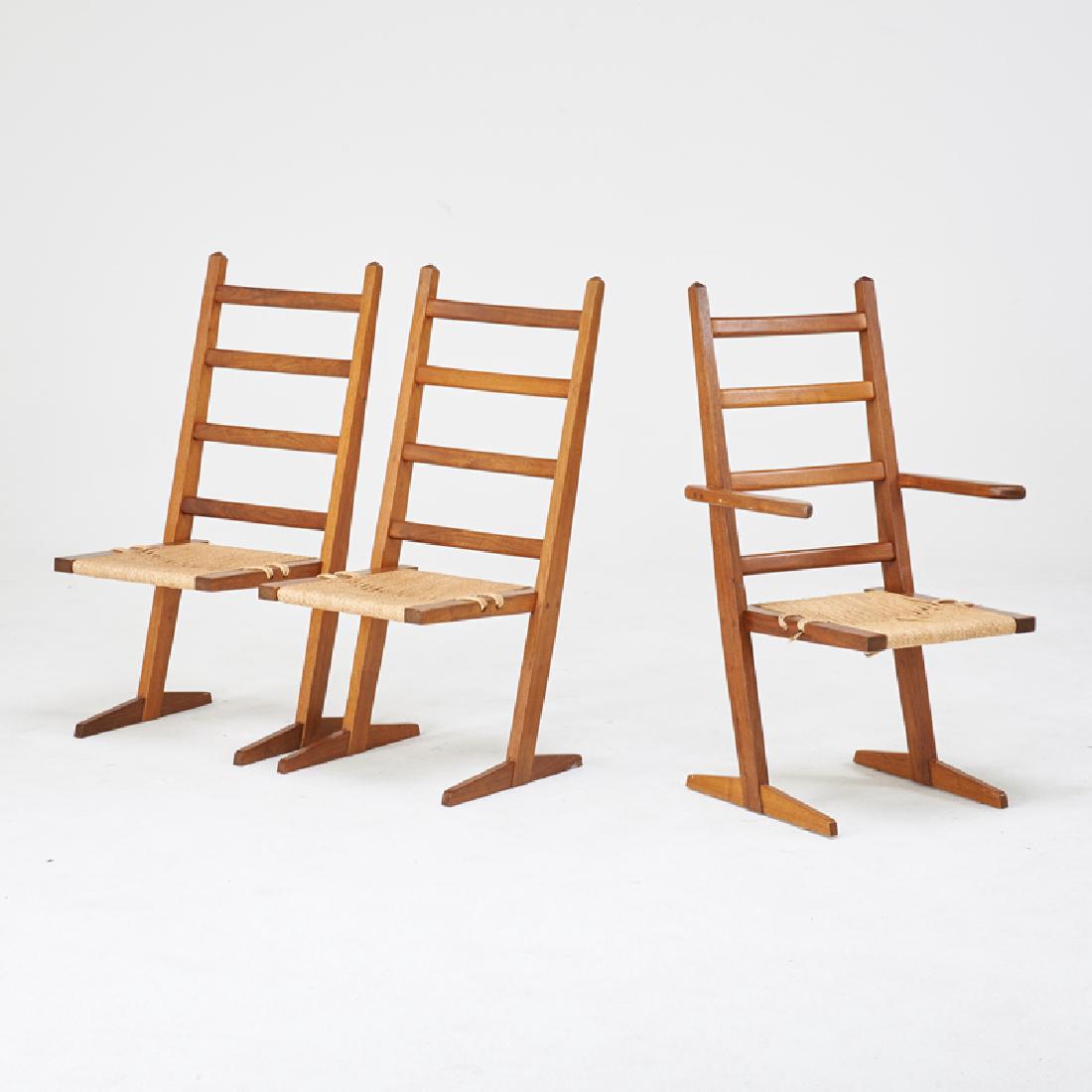GINO RUSSO: Three tall-back chairs, USA, latter half of 20th c. Walnut, corded seats Armchair: 43" x 24 1/2" x 24 1/2"