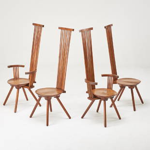 JEFFREY GREENE: Four tall-back dining chairs: two arm-, two side-, New Hope, 1970s/80s Sculpted walnut Armchairs: 56 1/2" x 24 1/2" x 24"