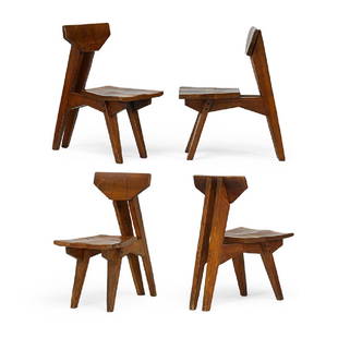 JEFFREY GREENE: Four side chairs, New Hope, PA, late 20th C. Stained pine, ebony Carved signature to each 33" x 18" x 29"