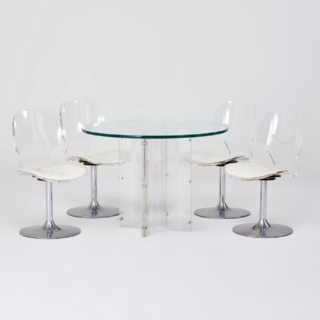 HILL MANUFACTURING: Dining set: four side chairs and dining table, USA, 1980s Chromed steel, acrylic, glass, vinyl Unmarked Chairs: 33" x 17 1/2" x 20", table 28 1/2" x 40" dia.