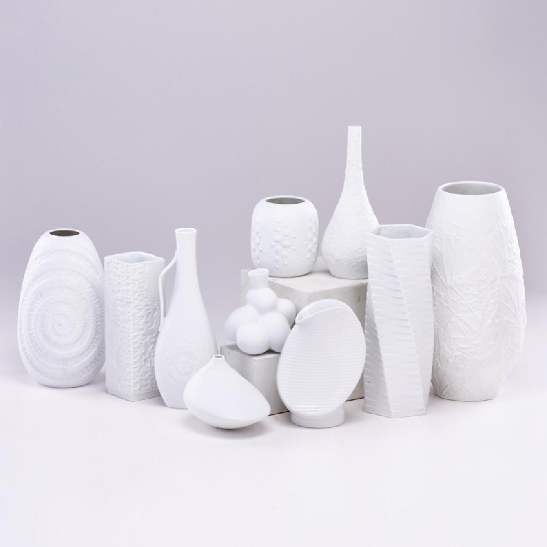 ROSENTHAL STUDIO LINE, ETC.: Ten vases in white bisque or partially glazed porcelain: Tapio Wirkkala for Rosenthal "Pollo," Rosenthal "Turnus," Marcel Wanders for Moooi "Egg,", Heinrich embossed with leaves, Seltmann Weiden ribbe