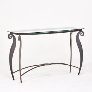 PUCCI DE ROSSI: Console table, USA, ca. 1940s Iron, beveled glass Signed at base 32" x 53 1/2" x 16"