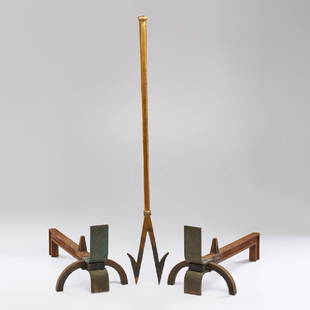 ELIEL SAARINEN: Pair of andirons and trident-style poker, USA, mid 20th c. Steel, brass-plated bronze Unmarked Poker: 36 1/4"