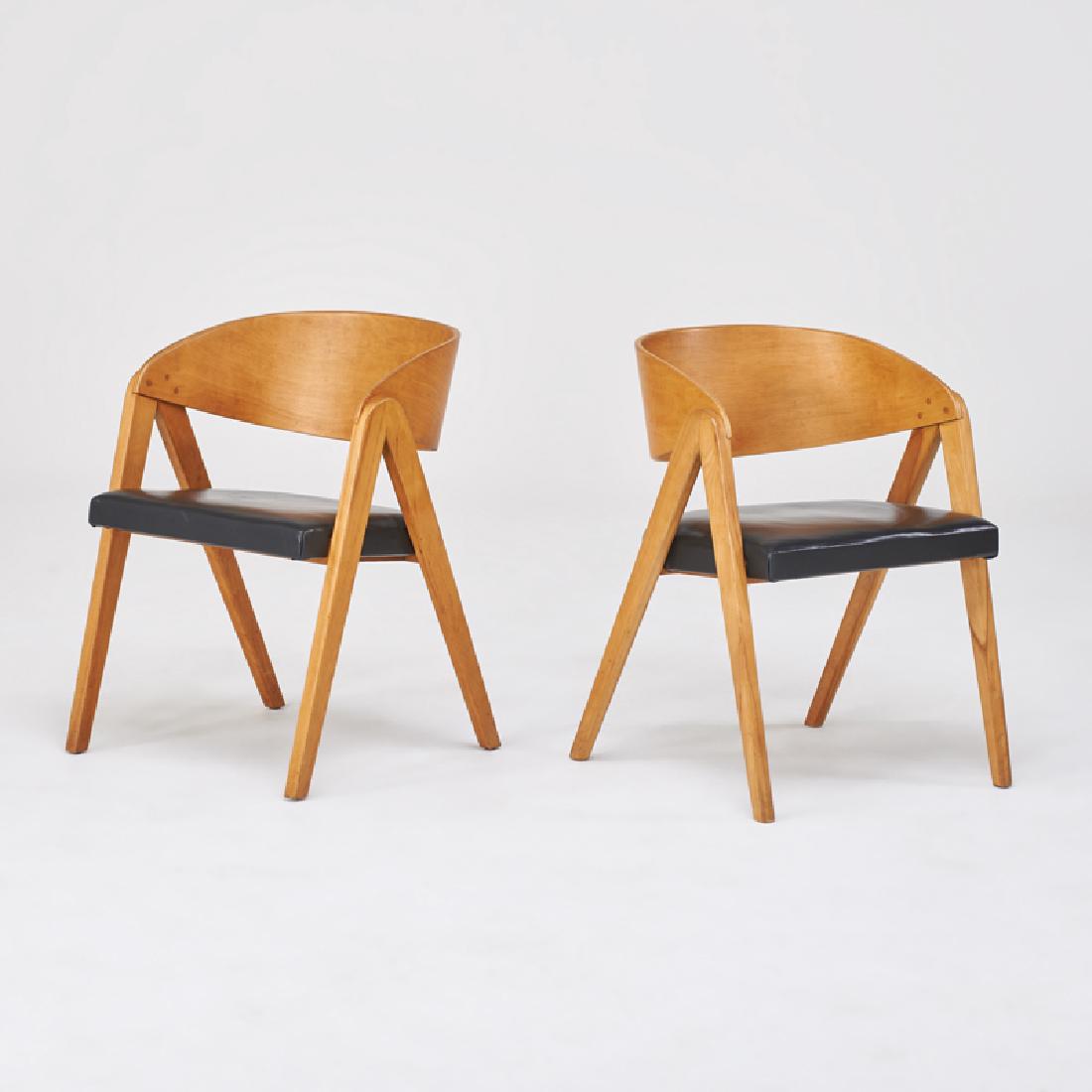 ALAN GOULD: Pair of Compass chairs, USA, ca. 1950s Birch, leather upholstery Unmarked 27 1/2" x 20 1/2" x 20"