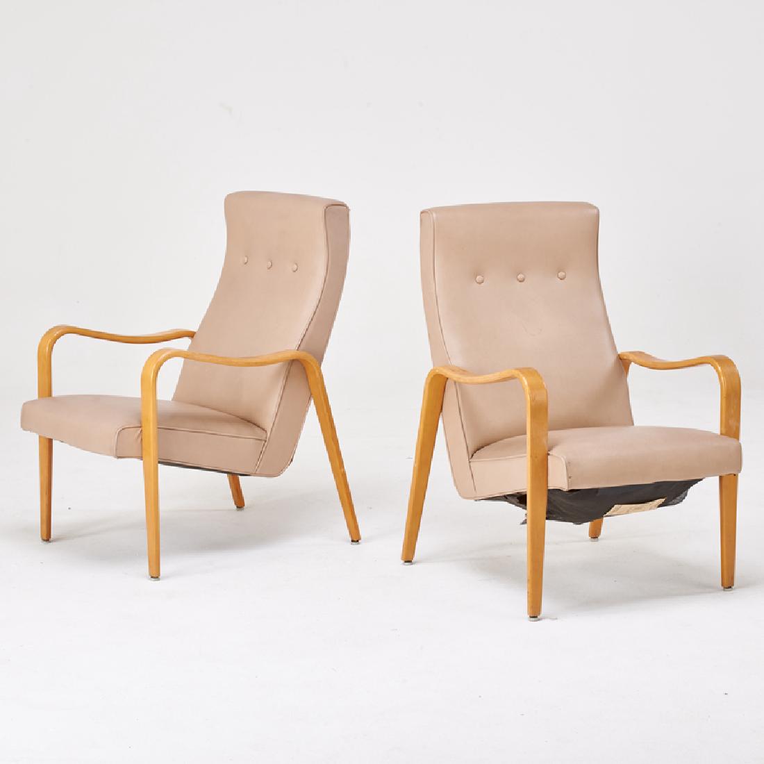 THONET: Pair of lounge chairs, New York, 1950s Plywood, vinyl upholstery Unmarked 37 1/2" x 24 1/2" x 32"