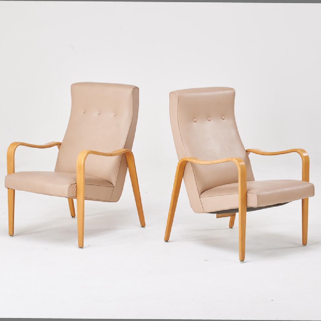 THONET: Pair of lounge chairs, New York, 1950s Plywood, vinyl upholstery Unmarked 37 1/2" x 24 1/2" x 32"