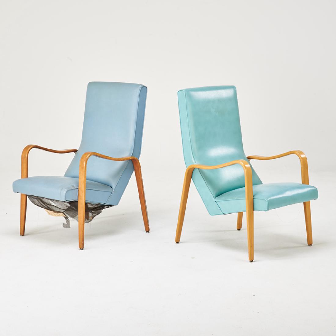 THONET: Pair of lounge chairs, New York, 1950s Plywood, vinyl upholstery Unmarked 37 1/2" x 24 1/2" x 32"