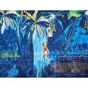 AFTER PETER DOIG (Scottish, b. 1959): Limited edition cotton beach towel "Pelican (stag)" from 2010 Artist Towel Series Fabric label Publisher: Works on Whatever 70" x 60"