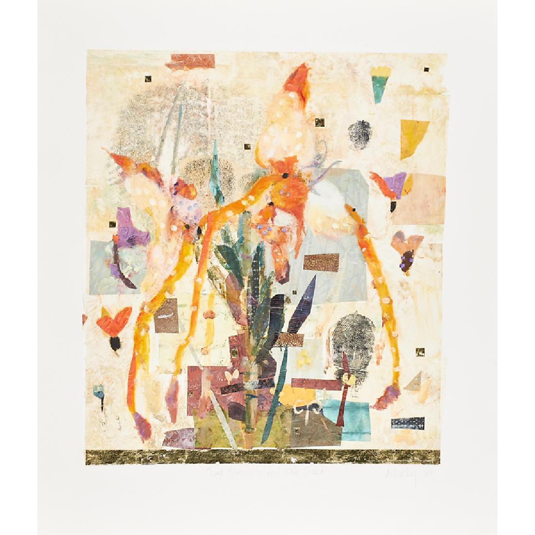 VALENTINA DUBASKY (American, b. 1951): Three monotypes with chine colle "Red Precipitation/White Orchid," 2001, "Red Core/Spotted Orchid," 2001 and "Aperture/Hill Top," 1994 (all unframed) Each signed, titled and dated Printer/Publisher: P
