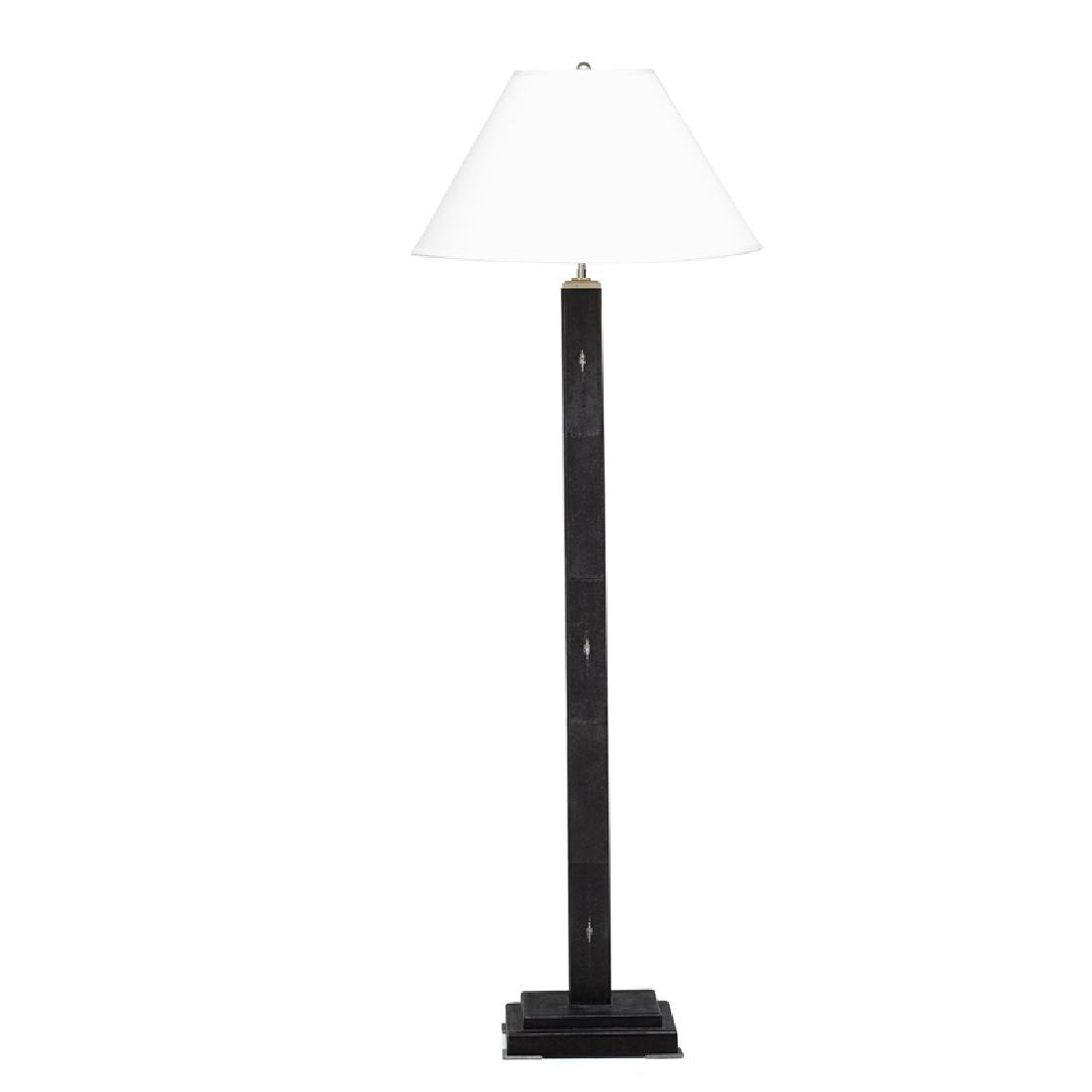 RON SEFF: Mia floor lamp, New York, 2000s Shagreen, polished steel, linen shade, two sockets Unmarked 64" x 22 1/2" dia., base: 12" sq.