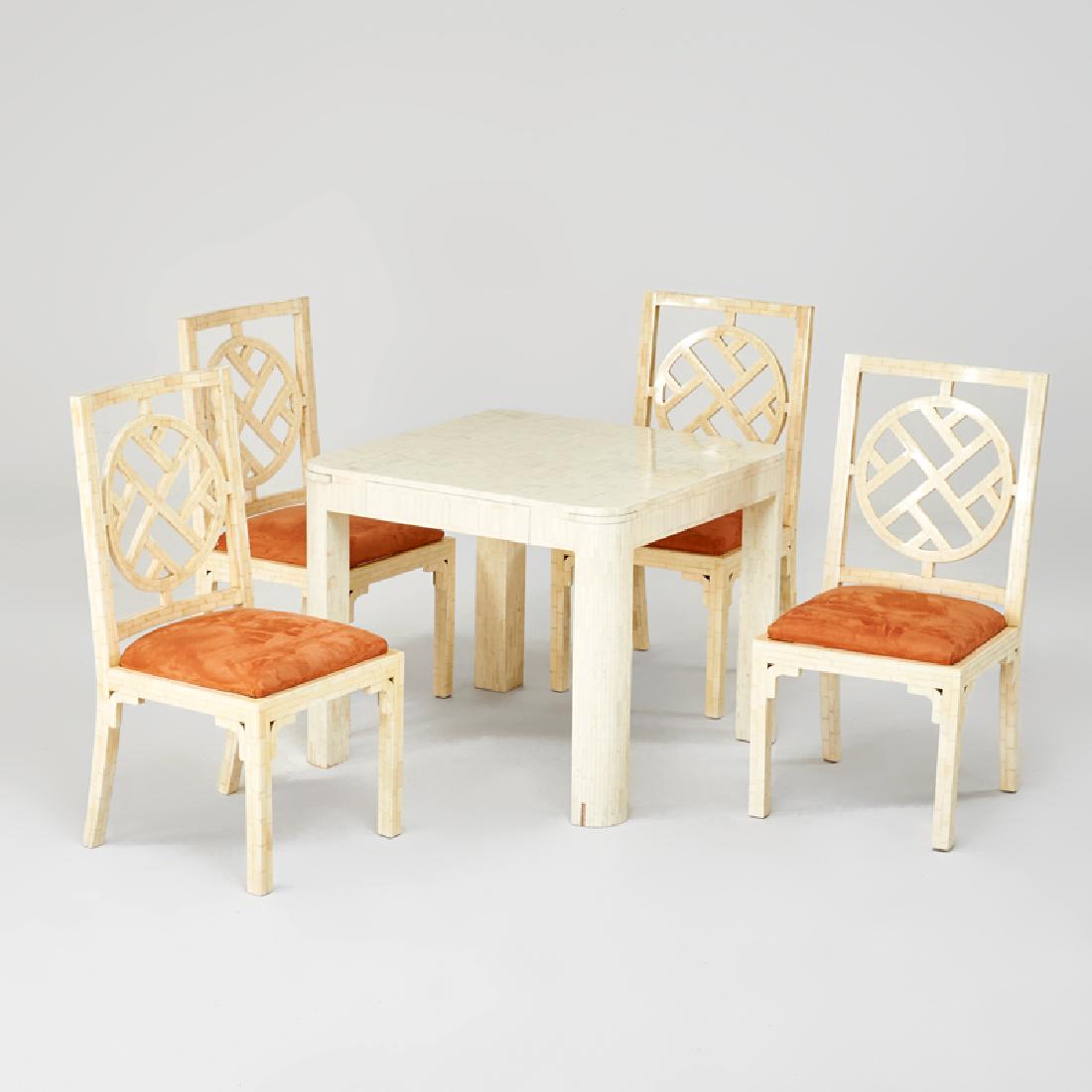 ENRIQUE GARCEL: Card table set: table and four chairs, Colombia, 1980s Lacquered bone, suede upholstery Made in Colombia marks Chairs: 40" x 20" x 23", table: 29 1/2" x 35" sq.