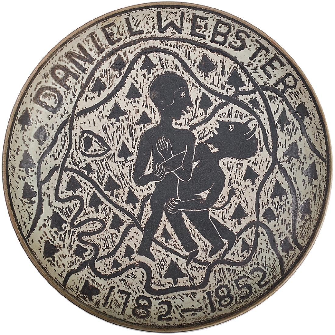 EDWIN AND MARY SCHEIER: Daniel Webster commemorative charger, Durham, NH, ca. 1952 Glazed earthenware Signed 2 1/2" x 15 3/4" Webster was an American statesman who twice served in the United States House of Representatives,