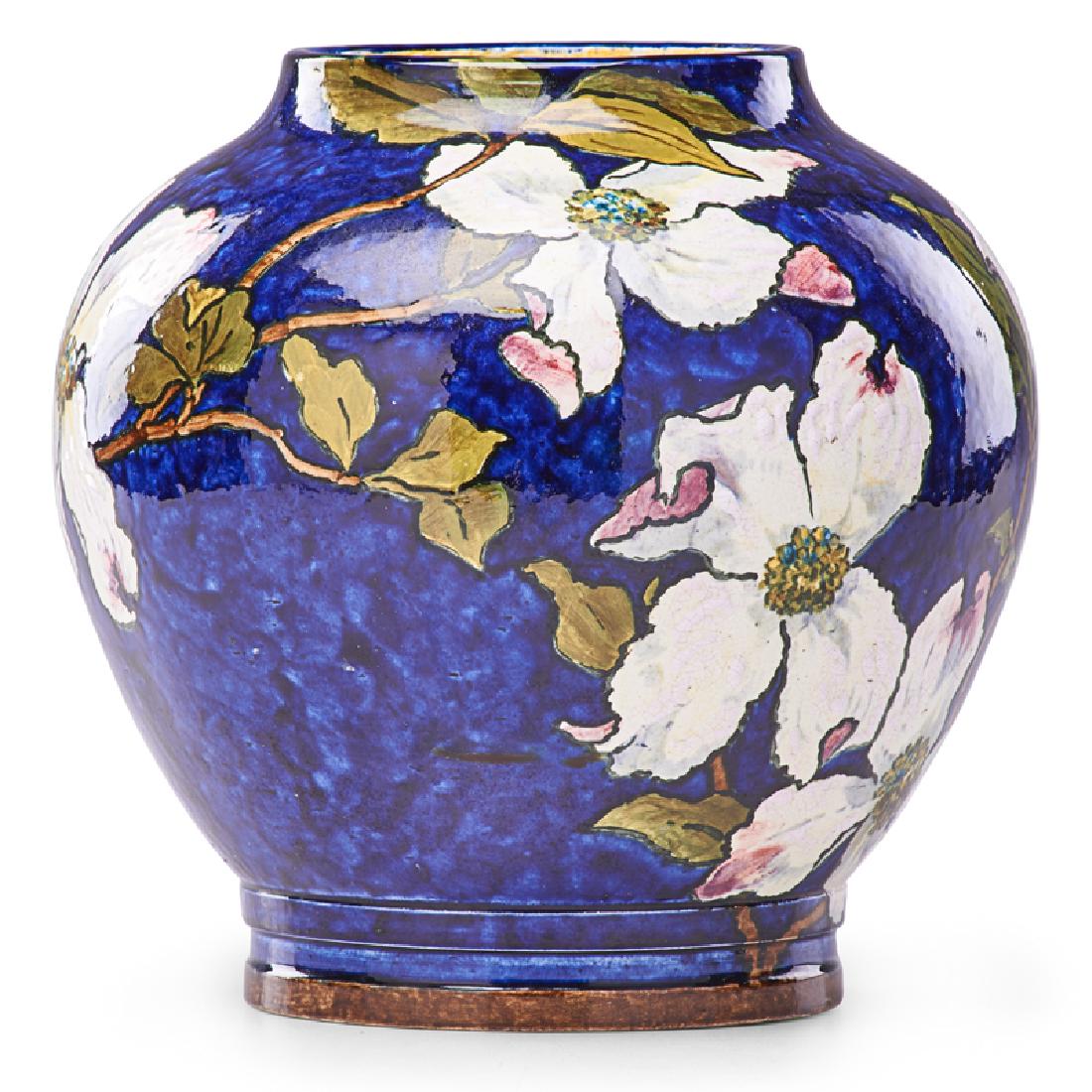 JOHN BENNETT Vase with dogwood blossoms: JOHN BENNETT (1840 - 1907) Vase with dogwood blossoms on blue ground, West Orange, NJ, 1884 Signed and dated 7 1/2" x 7 1/2"