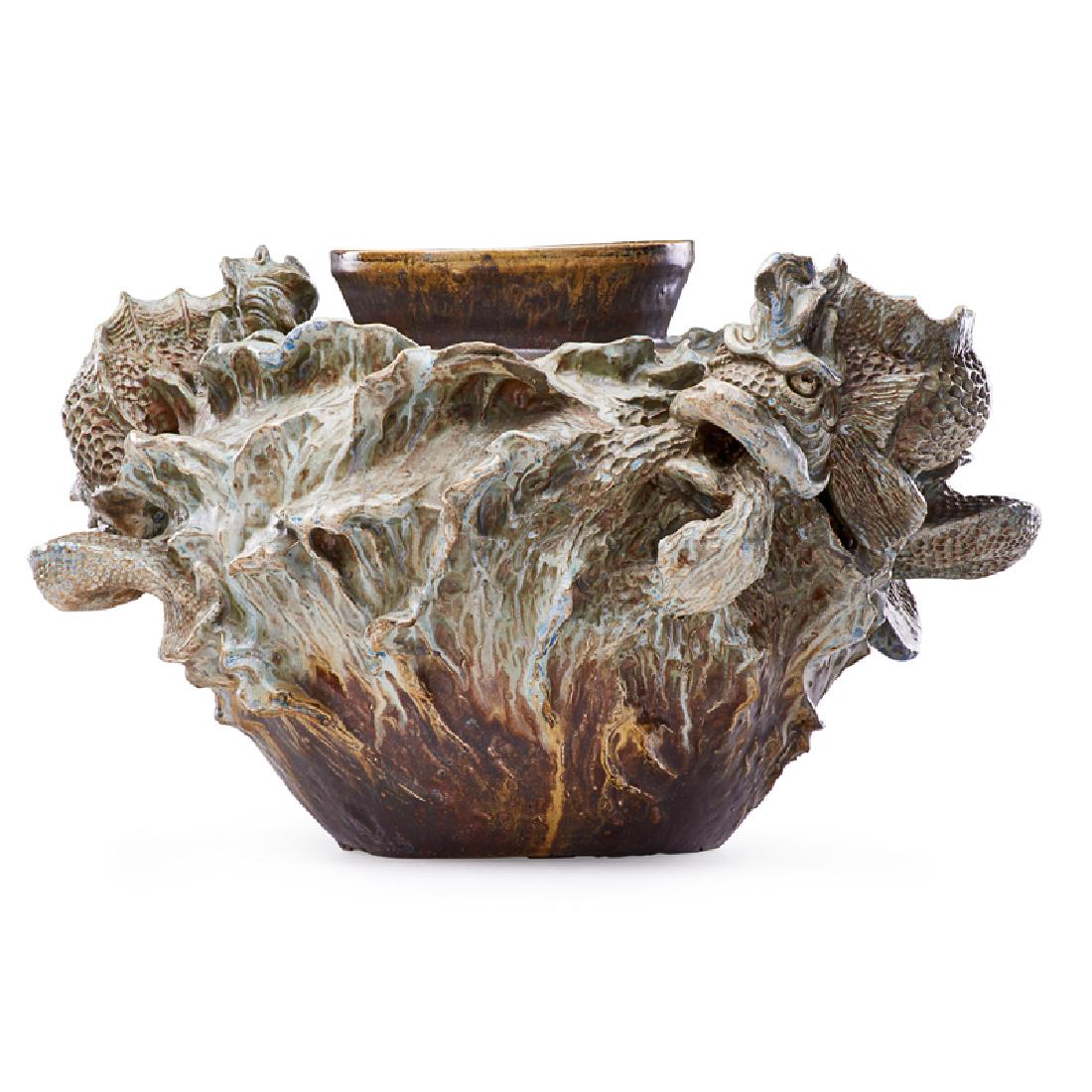 THEO PERROT Exceptional large vase: THEO PERROT (1856 - 1942) Exceptional large vase with sculpted fish and waves, France, ca. 1900 Glazed stoneware Signed and numbered 6-IV 11 1/4" x 19" x 15"