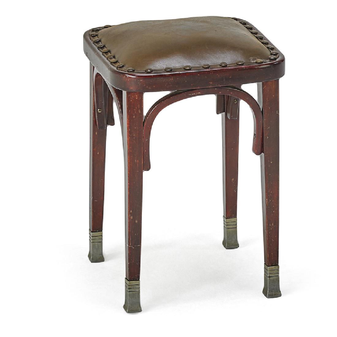 ADOLF LOOS Stool: ADOLF LOOS (1870 - 1933) J. & J. KOHN OR THONET Stool, Austria, ca. 1900 Stained beech, leather, nickeled brass Remnants of paper label 21" x 14 1/2" sq.